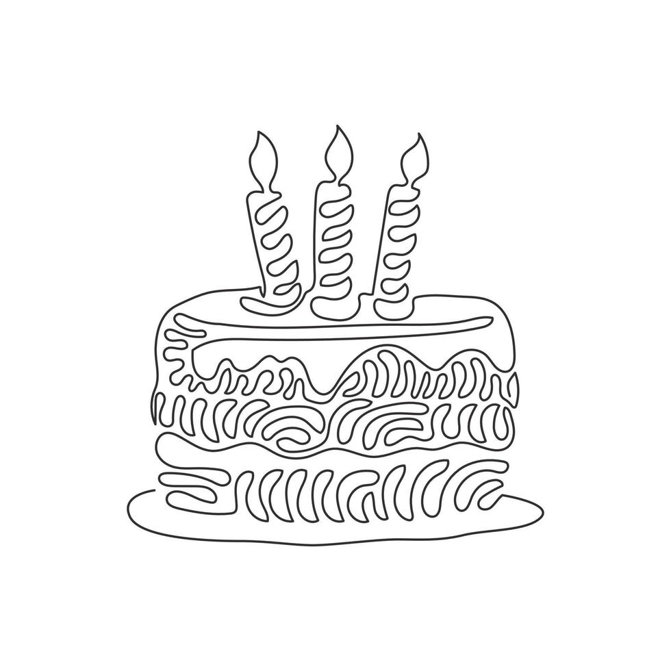 Single continuous line drawing birthday cake with three candles burning. Tasty dessert main dish of celebration birthday party. Swirl curl style. One line draw graphic design vector illustration