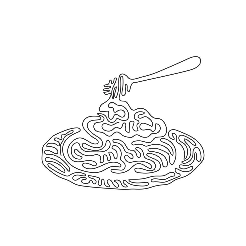 dibujo continuo de una línea espaguetis a la boloñesa con tenedor en el plato. plato clásico de pasta italiana para el almuerzo. deliciosa comida en casa. estilo de rizo de remolino. ilustración gráfica de vector de diseño de dibujo de una sola línea