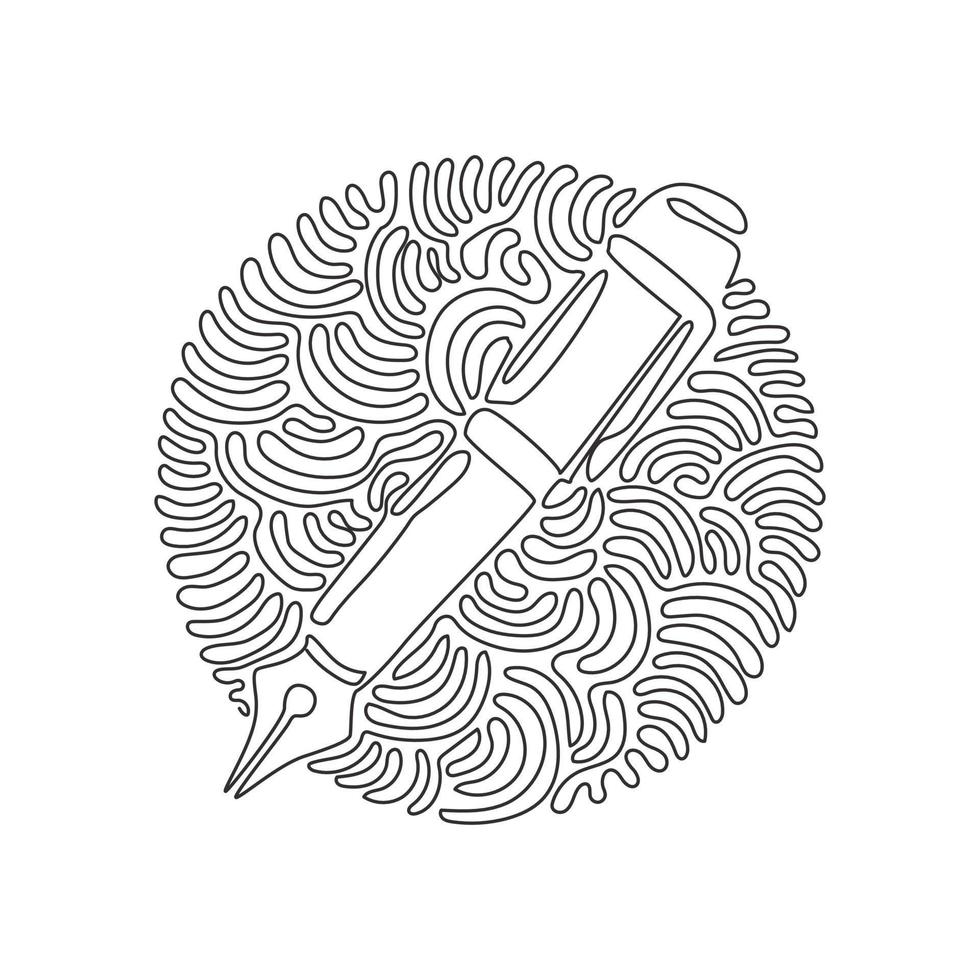 pluma de dibujo de una línea continua, icono de escritura. versión de línea y glifo, contorno de pluma de firma y signo de vector relleno. estilo de fondo de círculo de rizo de remolino. ilustración gráfica de vector de diseño de línea única