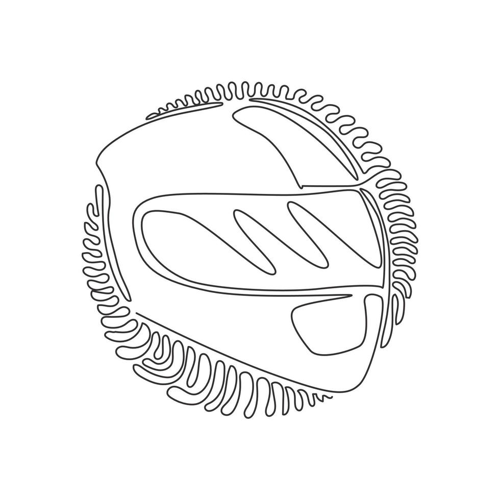 Single continuous line drawing motorcycle sport helmet. Racer helmet logo. Motorsport car kart racing transportation safety concept. Swirl curl circle background style. Dynamic one line draw graphic vector