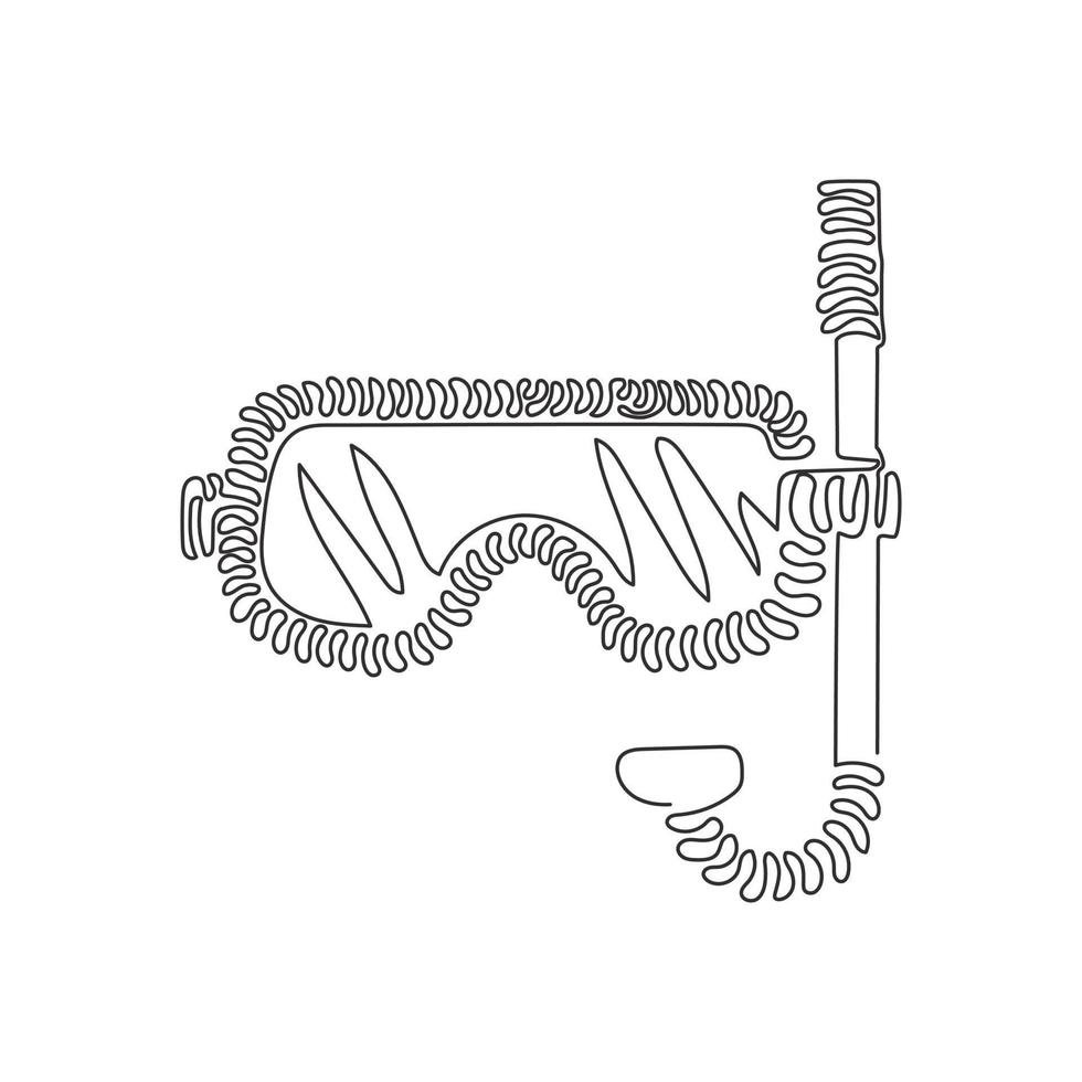 Continuous one line drawing scuba diving mask with snorkel. Diving mask. Mask and snorkel for swimming. Scuba diving concept. Swirl curl style. Single line draw design vector graphic illustration