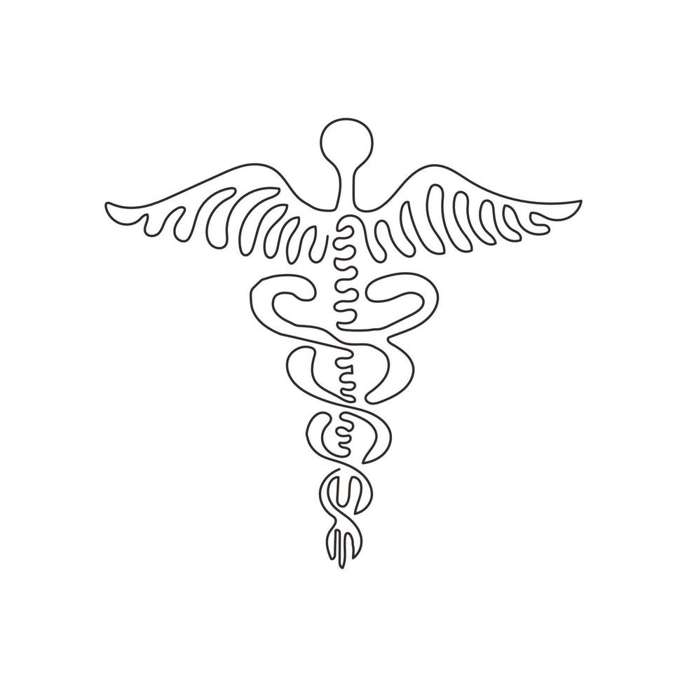 caduceo de dibujo de una sola línea - centro médico, farmacia, hospital con símbolo popular de la medicina. logotipo médico. estilo de rizo de remolino. ilustración de vector gráfico de diseño de dibujo de línea continua moderna