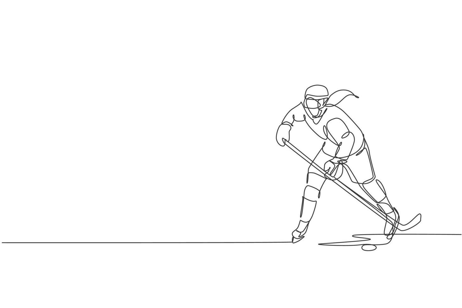 un dibujo de una sola línea de un joven jugador de hockey sobre hielo en acción para jugar un juego competitivo en el gráfico de ilustración vectorial del estadio de pista de hielo. concepto de torneo deportivo. diseño moderno de dibujo de línea continua vector