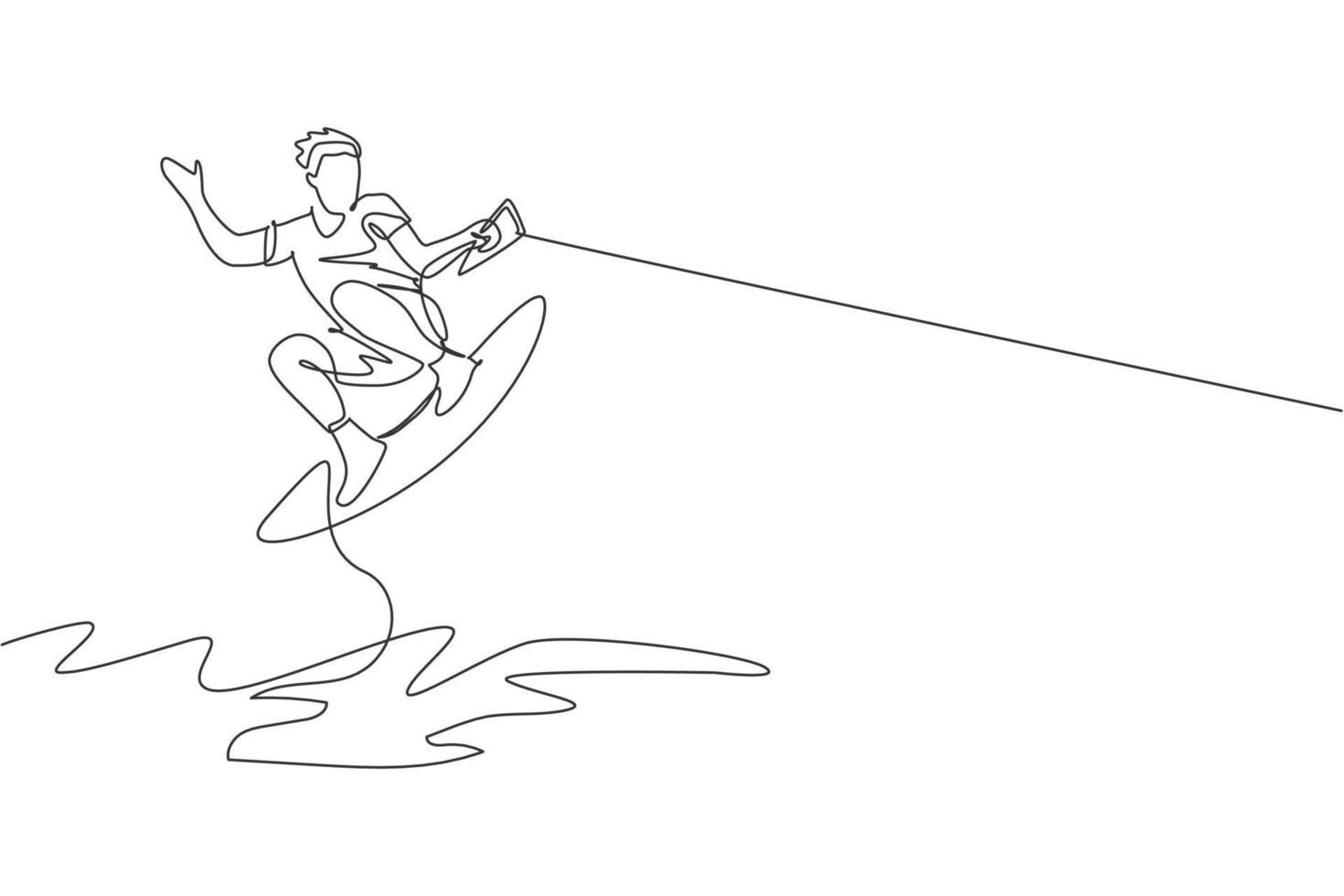 One single line drawing of young sporty man play wakeboarding in the sea beach vector illustration. Healthy lifestyle and extreme sport concept. Summer vacation. Modern continuous line draw design