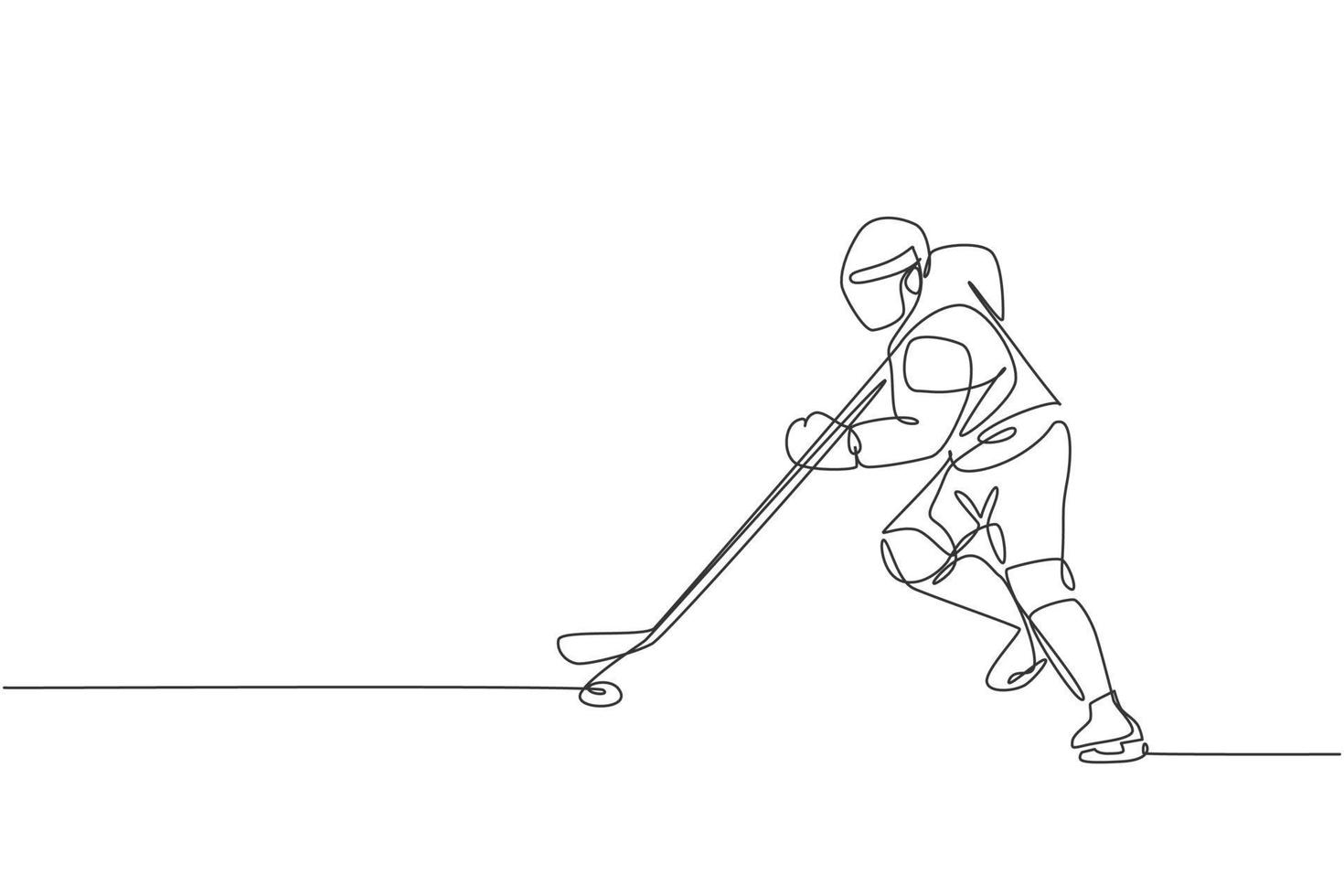 One single line drawing of young ice hockey player in action to play a competitive game on ice rink stadium vector illustration graphic. Sport tournament concept. Modern continuous line draw design