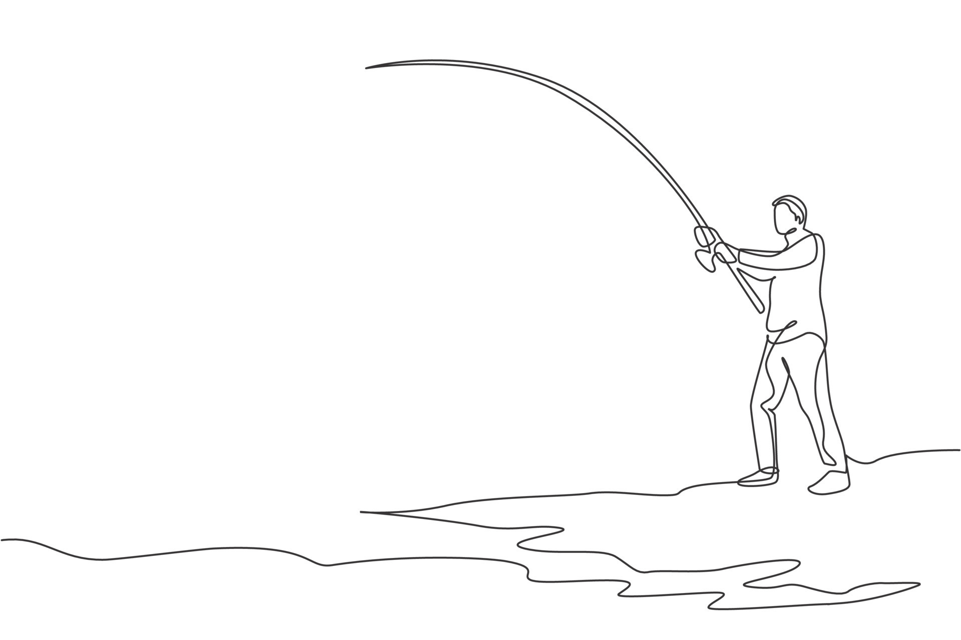 One continuous line drawing of young happy fisherman standing and