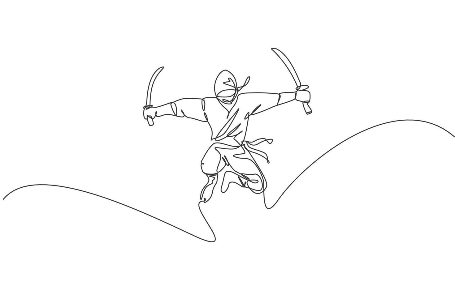 Single continuous line drawing of young Japanese culture ninja warrior on mask costume with jumping attack pose. Martial art fighting samurai concept. Trendy one line draw design vector illustration