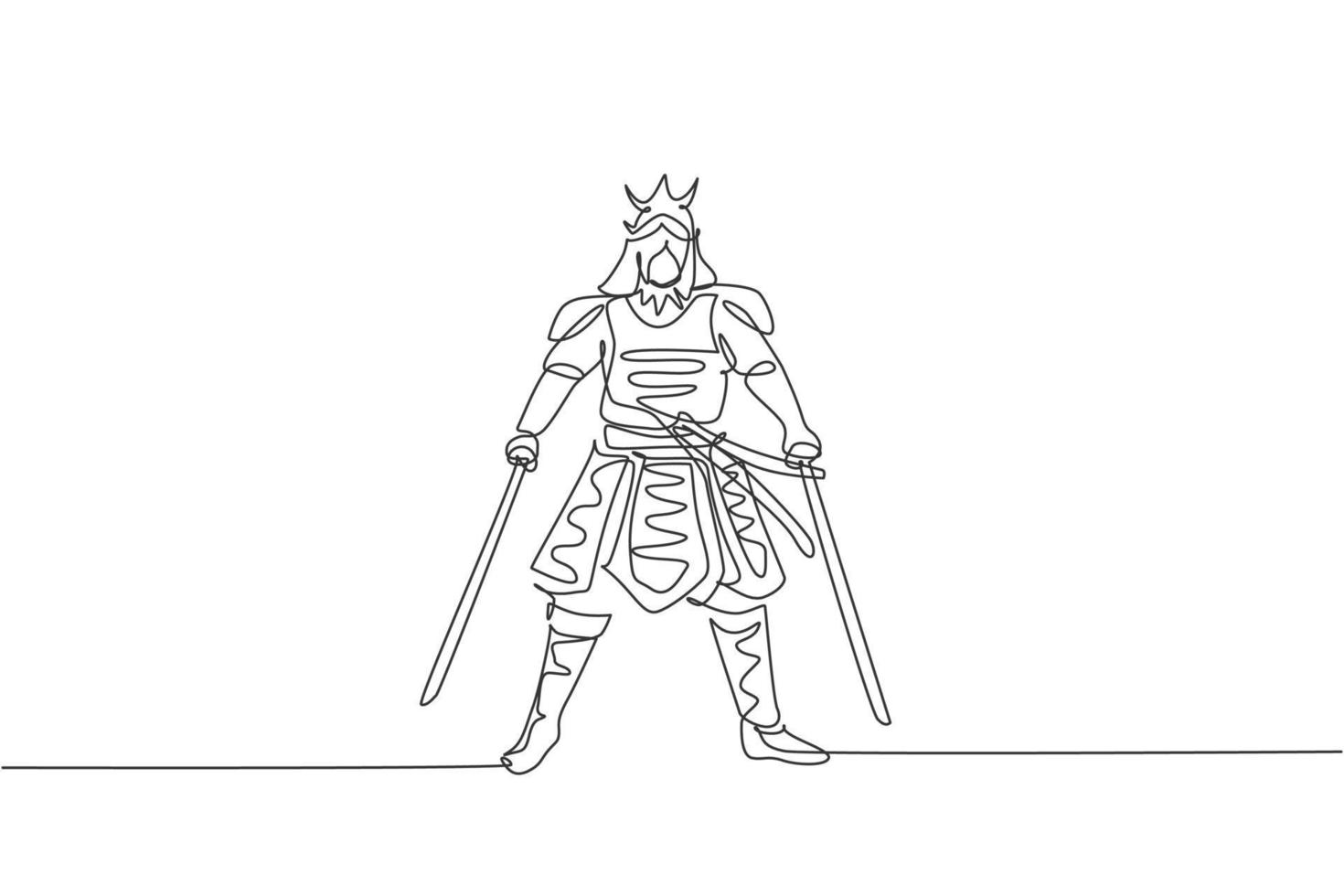 One single line drawing of young Japanese samurai warrior holding katana sword practicing at dojo center vector graphic illustration. Combative martial art concept. Modern continuous line draw design