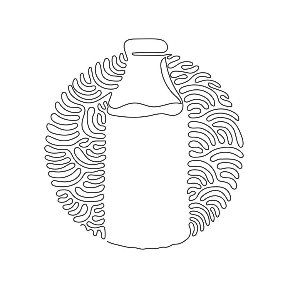 Continuous one line drawing closed glass bottle of natural milk. Bottle of fresh milk cow. Dairy product used in breakfast. Swirl curl circle background style. Single line draw design vector graphic