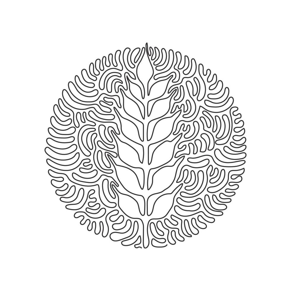 icono de orejas de trigo de dibujo de línea continua única. logotipo de la granja agrícola. signo de grano de producto natural. estilo de fondo de círculo de rizo de remolino. Ilustración de vector de diseño gráfico de dibujo de una línea dinámica