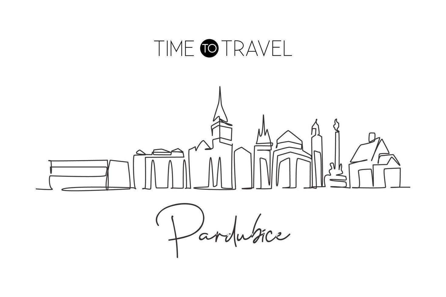 Single continuous line drawing Pardubice city skyline, Czech Republic. Famous city scraper landscape. World travel home wall decor art poster concept. Modern one line draw design vector illustration