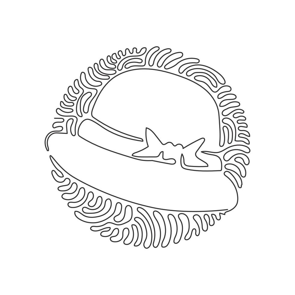 Single one line drawing ladies hat vintage. Pretty straw hat with ribbon. Sketch women hats. Retro fashion. Swirl curl circle background style. Continuous line draw design graphic vector illustration