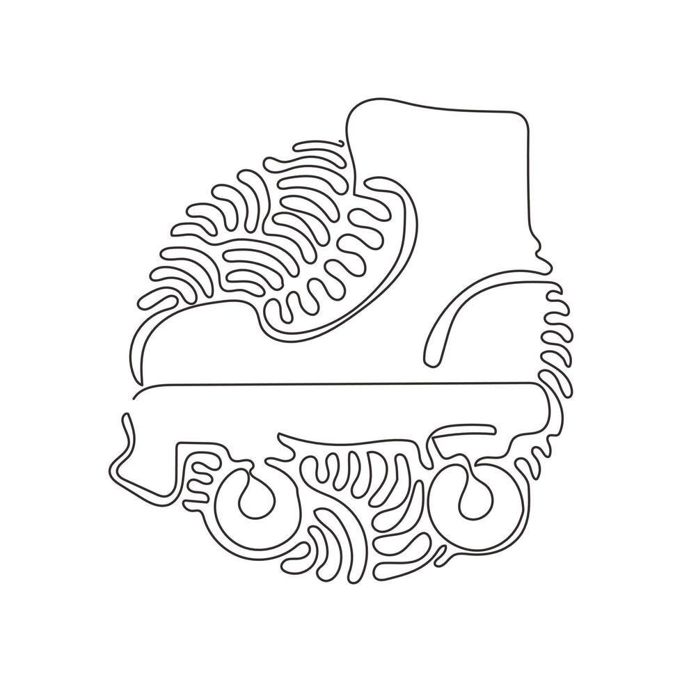 Single one line drawing old retro plastic quad roller skate shoes. Trendy vintage classic sport concept. Swirl curl circle background style. Continuous line draw design graphic vector illustration