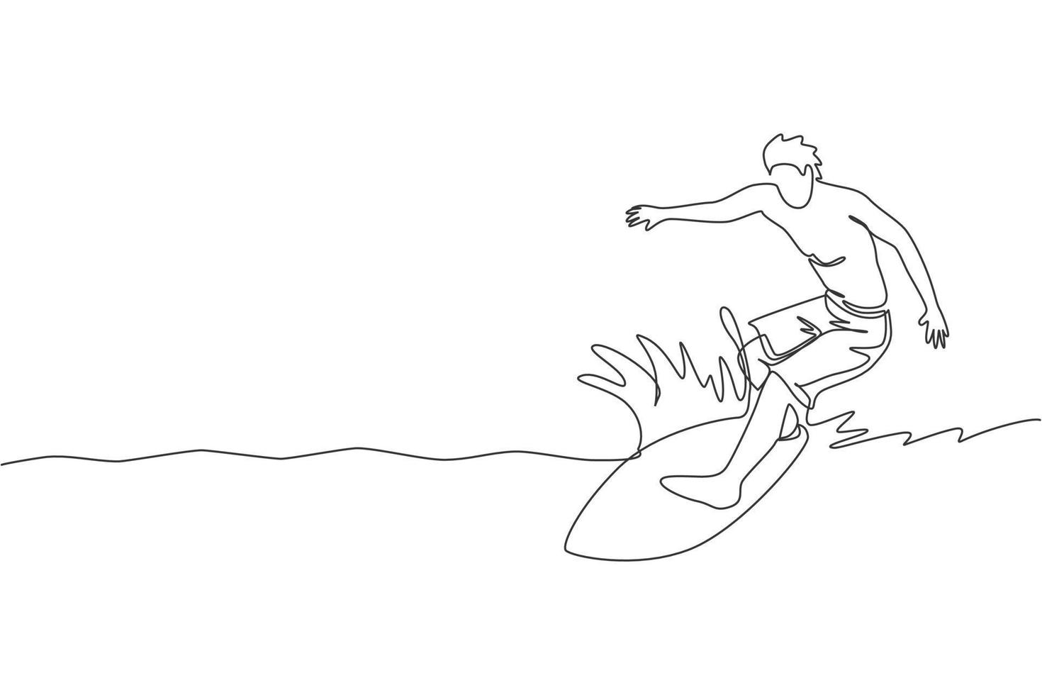 Single continuous line drawing young professional surfer in action riding the waves on blue ocean. Extreme watersport concept. Summer vacation. Trendy one line draw design vector illustration graphic