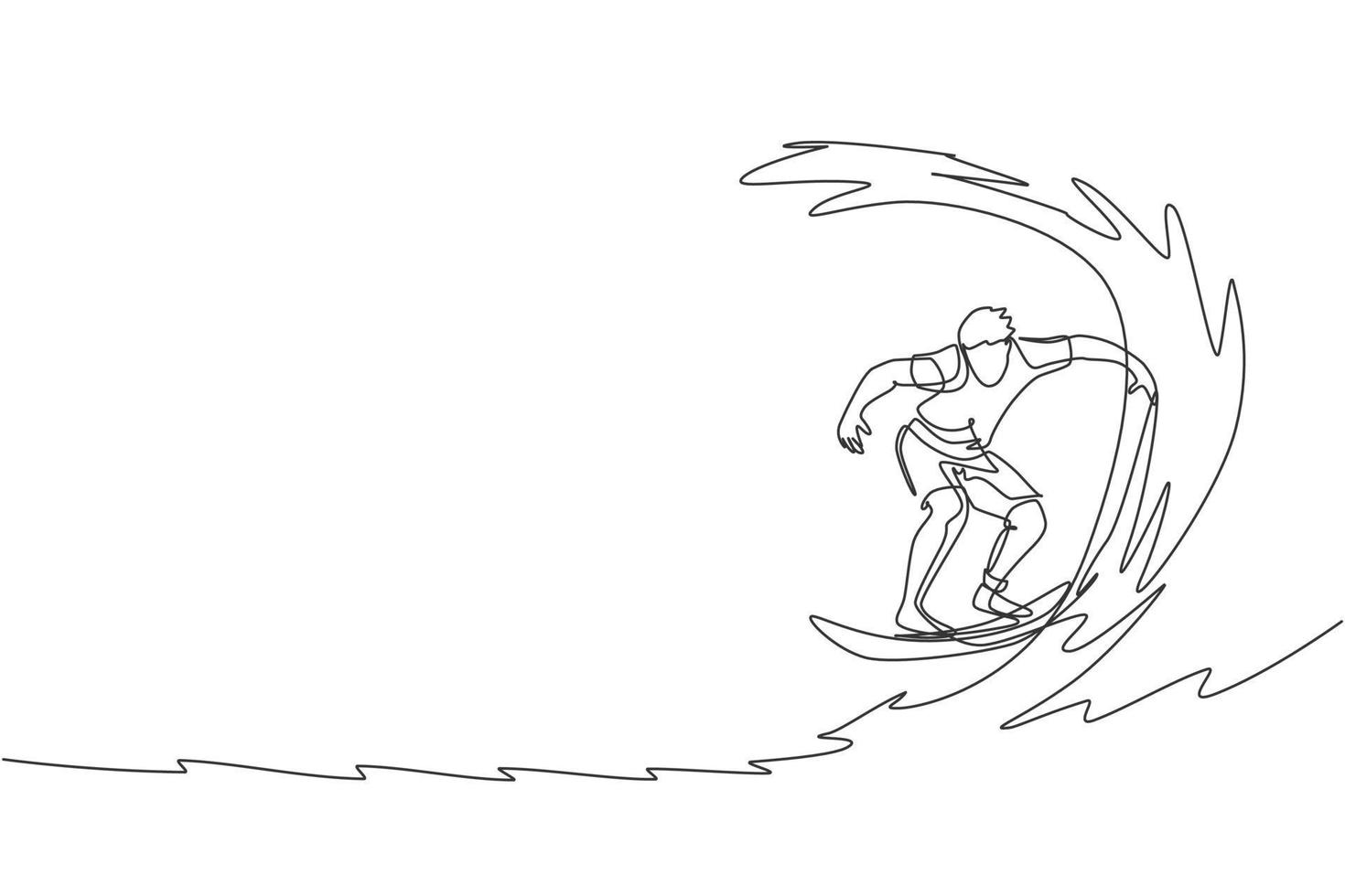Single continuous line drawing young professional surfer in action riding the waves on blue ocean. Extreme watersport concept. Summer vacation. Trendy one line draw design graphic vector illustration