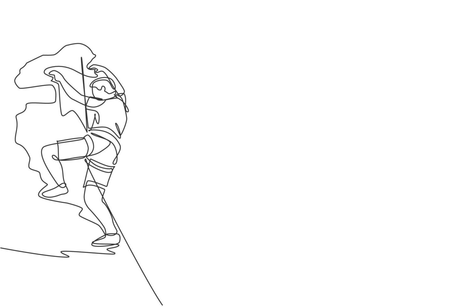 One continuous line drawing of young bravery climber man practice overhanging rock cliff mountain with safety rope. Dangerous extreme sport concept. Dynamic single line draw design vector illustration