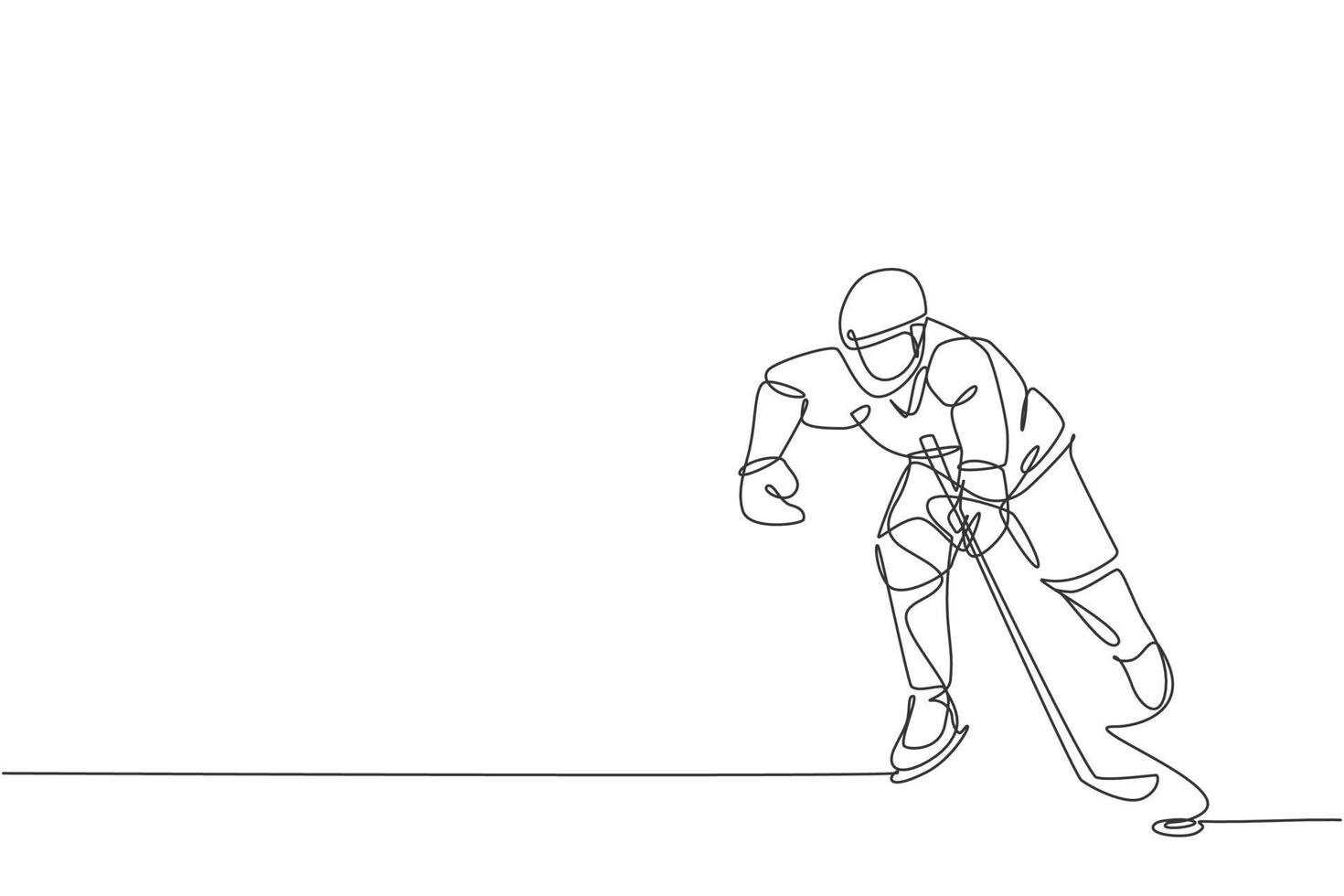 dibujo de una sola línea continua de un joven jugador profesional de hockey sobre hielo golpeó el disco y atacó en la arena de la pista de hielo. concepto de deporte extremo de invierno. ilustración gráfica de vector de diseño de dibujo de una línea de moda