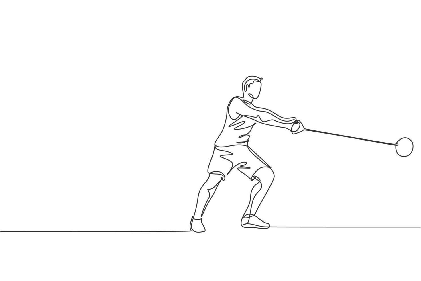 Single continuous line drawing young sportive man practice to swing hammer before throwing to the court stadium. Athletic games sport concept. Trendy one line draw graphic design vector illustration