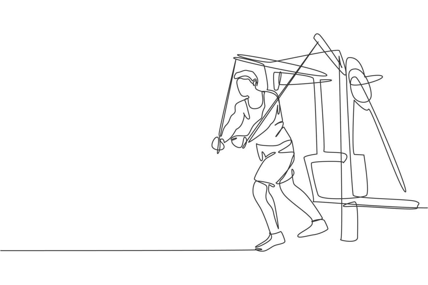 un dibujo de línea continua de un joven deportista que trabaja con una máquina de cable cruzado en el centro del club de fitness. concepto de deporte de fitness saludable. Ilustración de vector de diseño de dibujo de línea única dinámica