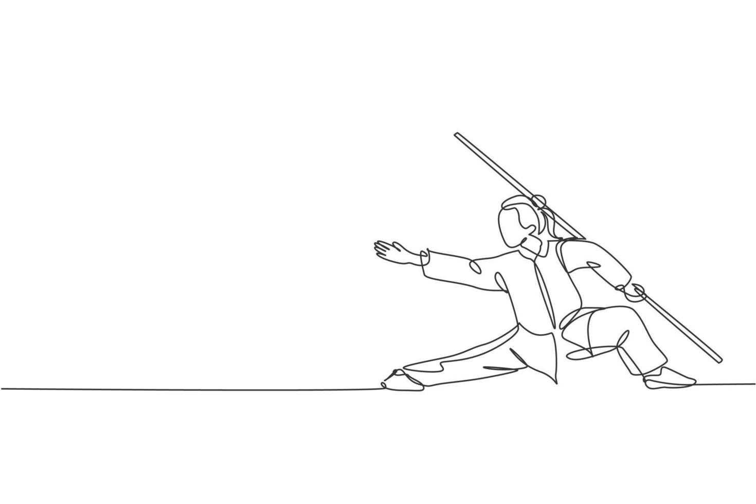 One continuous line drawing of young wushu master woman, kung fu warrior in kimono with long staff on training. Martial art sport contest concept. Dynamic single line draw design vector illustration