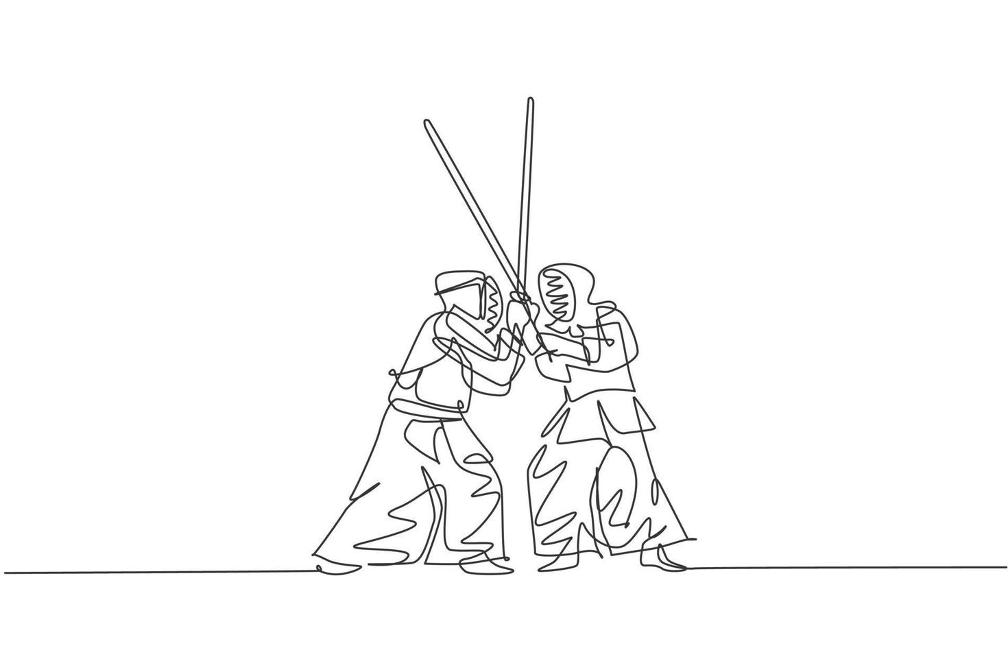 One single line drawing of two young energetic man exercise sparring fight kendo with wooden sword at gym center vector illustration. Combative fight sport concept. Modern continuous line draw design
