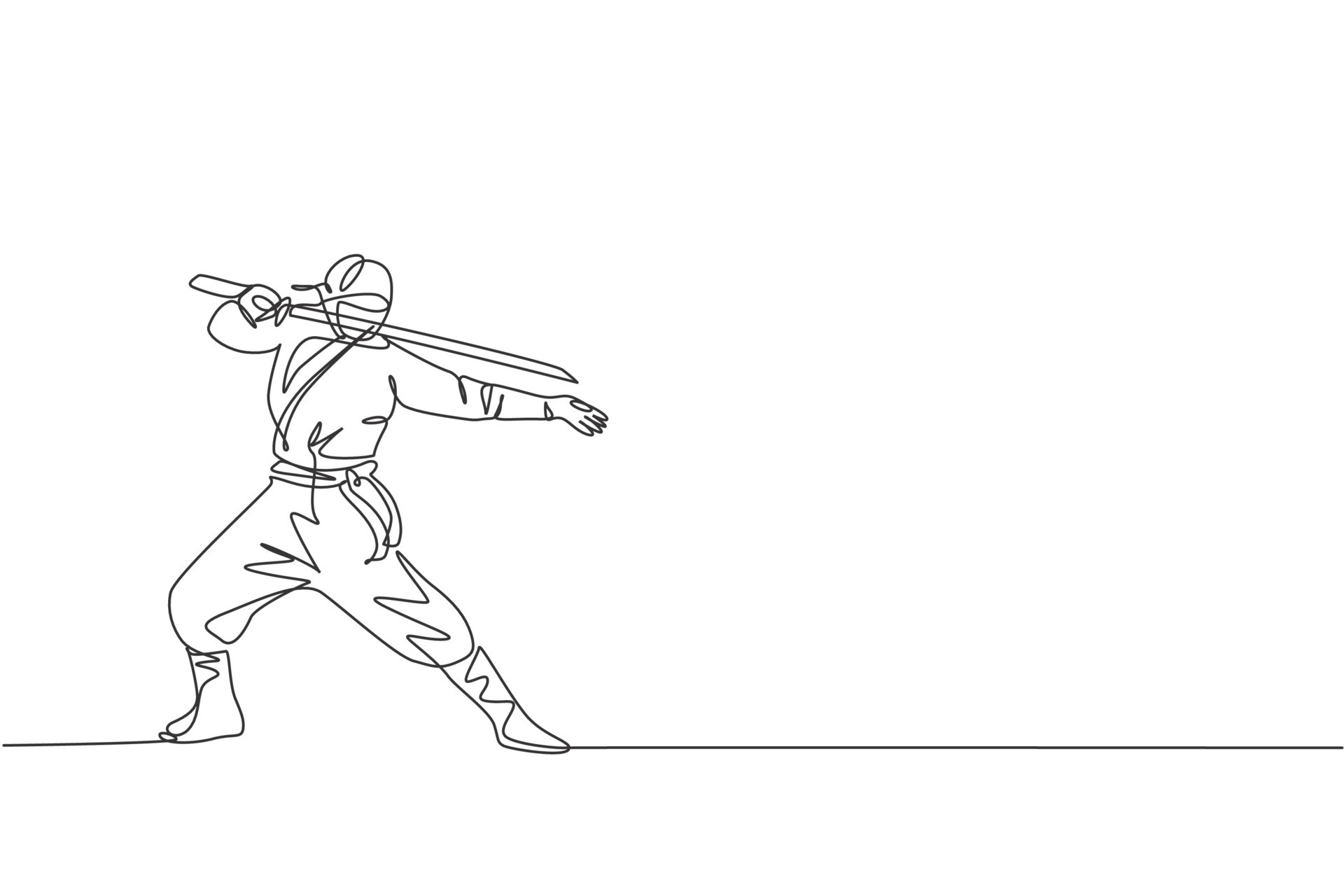 Single continuous line drawing of young Japanese culture ninja warrior on mask costume with attacking stance pose. Martial art fighting samurai concept. Trendy one line draw design vector illustration 7768115 Vector Art Single continuous line drawing of young Japanese culture ninja warrior on mask costume with attacking stance pose. Martial art fighting samurai concept. Trendy one line draw design vector illustration 7768115 Vector Art
