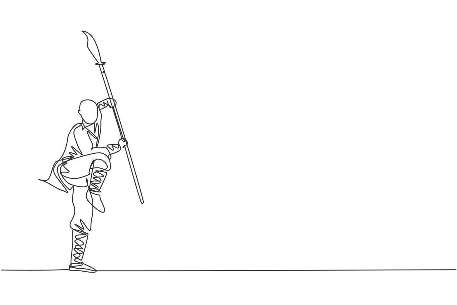 Single continuous line drawing of young muscular shaolin monk man holding spear training at shaolin temple. Traditional Chinese kung fu fight concept. Trendy one line draw design vector illustration