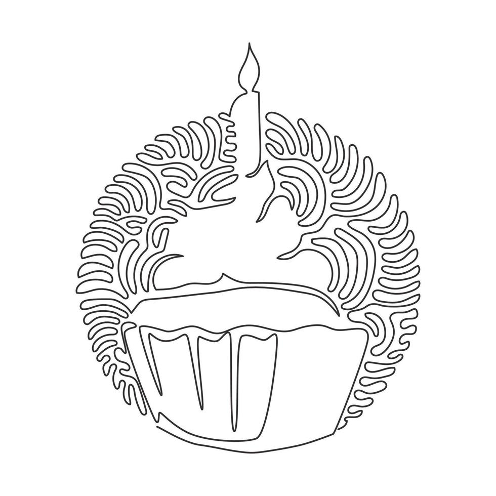 Single one line drawing yummy cupcake with candle. Sweet tasty cake. Delicious dessert for dinner. Swirl curl circle background style. Modern continuous line draw design graphic vector illustration