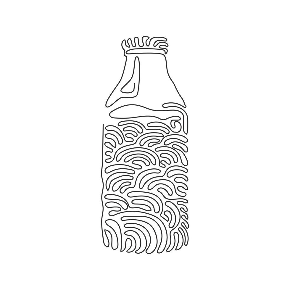 Single continuous line drawing closed glass bottle of natural milk. Bottle of fresh milk cow. Dairy product used in breakfast. Swirl curl style. Dynamic one line graphic design vector illustration