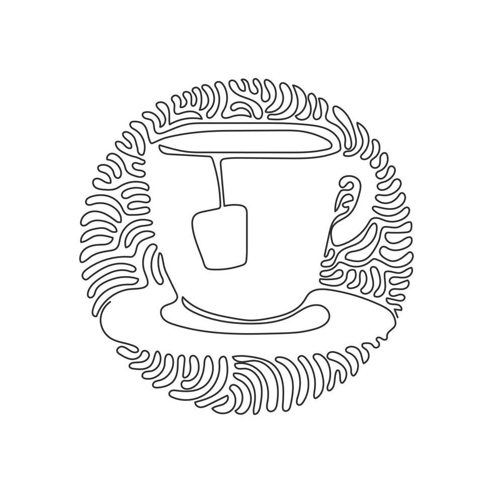 taza de dibujo de una sola línea continua con bolsita de té. bebidas calientes para el desayuno. disfrutar de la frescura y la relajación. estilo de fondo de círculo de rizo de remolino. Ilustración de vector de diseño gráfico de dibujo de una línea dinámica