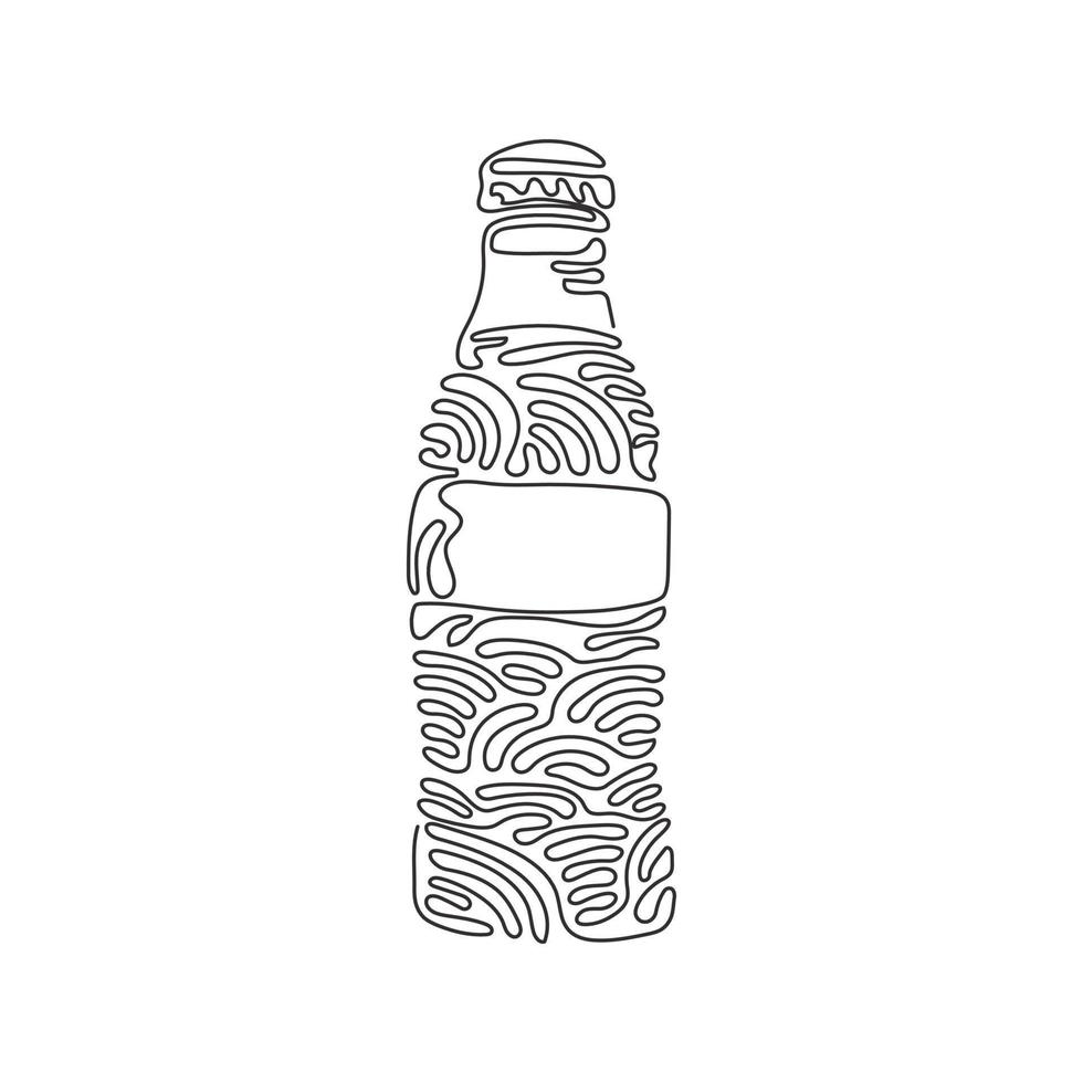 Single one line drawing soft drink in bottle glass. Cold soda to crave for refreshing feeling. Drink to quench thirst. Swirl curl style. Modern continuous line draw design graphic vector illustration