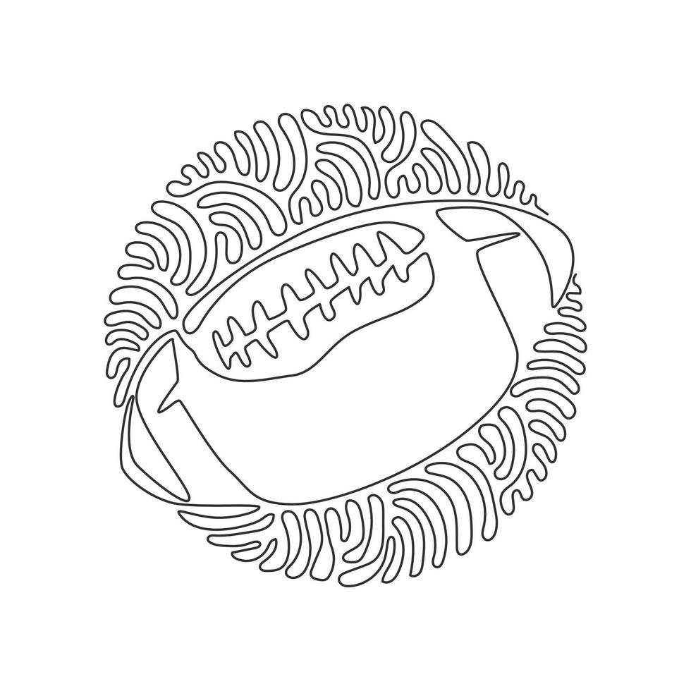 Continuous one line drawing leather American football ball. American college high school junior striped football. Swirl curl circle background style. Single line design vector graphic illustration