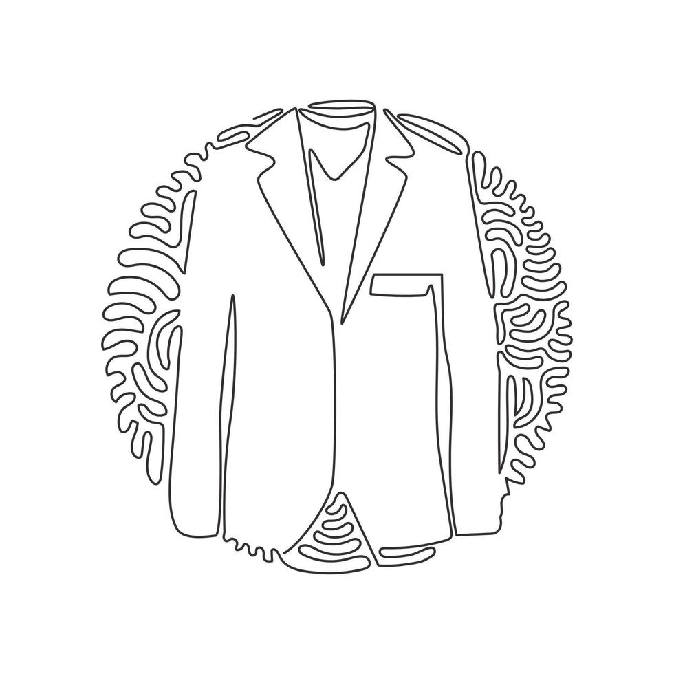 Single continuous line drawing Men formal suit. Men's jacket. Wedding men's suit, tuxedo. Clothes in business style. Swirl curl circle background style. Dynamic one line draw graphic design vector