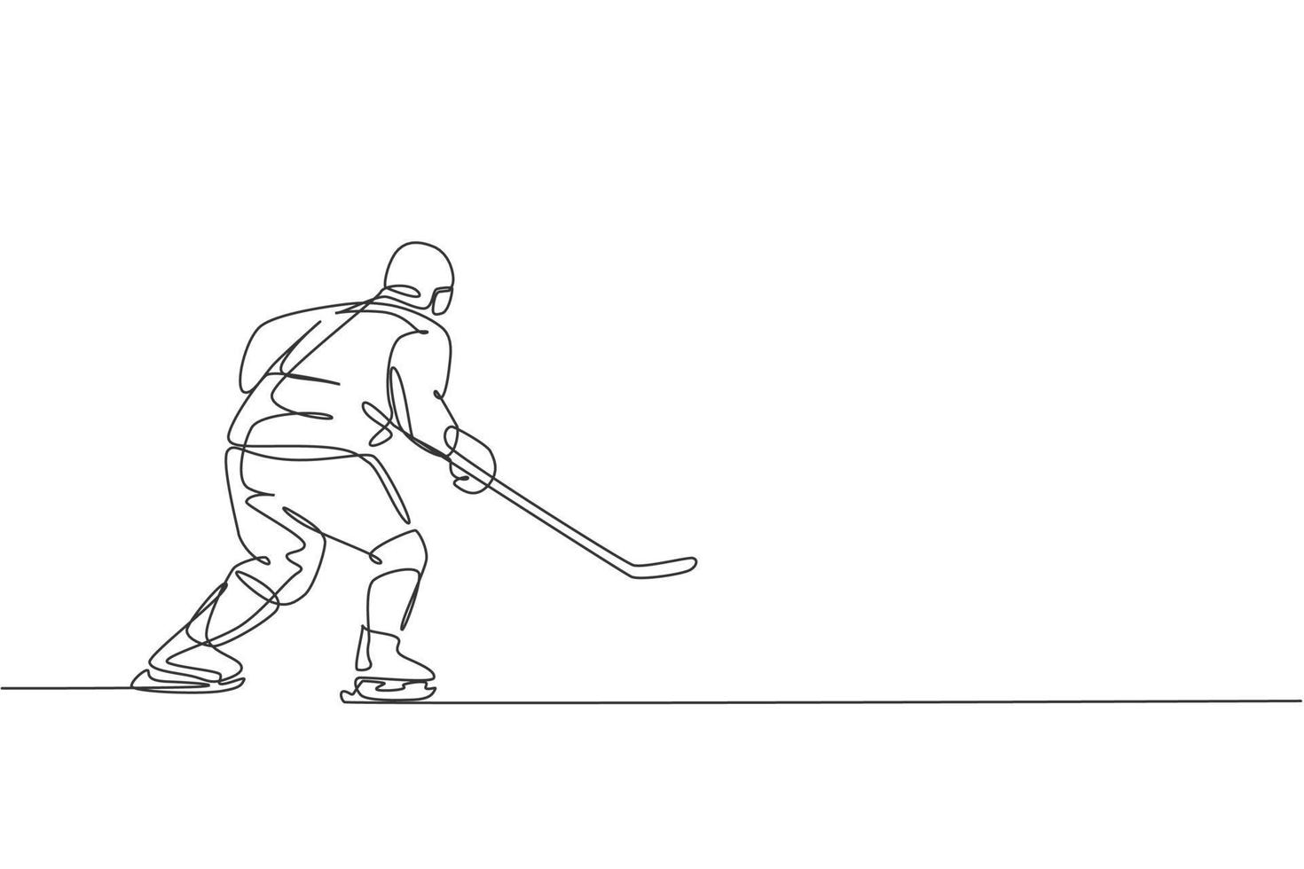 Single continuous line drawing of young professional ice hockey player hold the puck shot and defense on ice rink arena. Extreme winter sport concept. Trendy one line draw design vector illustration