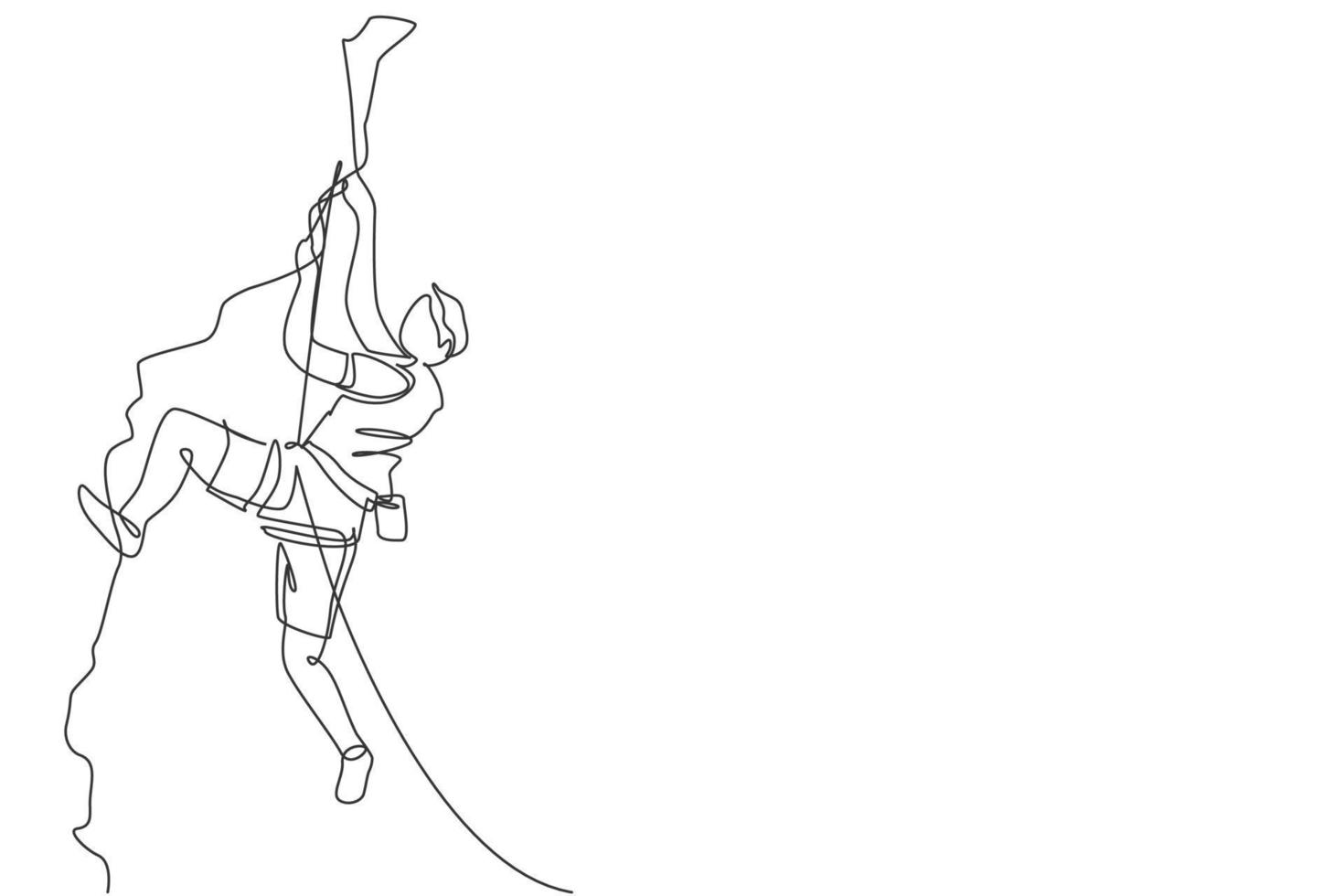 Single continuous line drawing of young muscular rockclimber man climbing hanging on mountain grip. Outdoor active lifestyle and rock climbing concept. Trendy one line draw design vector illustration