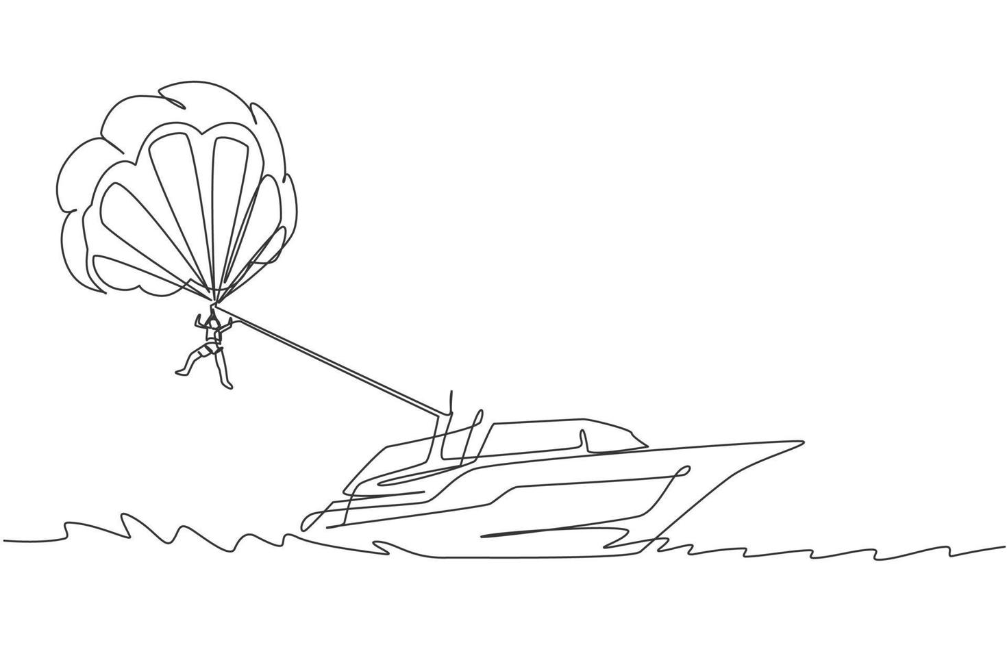Single continuous line drawing of young tourist flying with parasailing parachute on the sky pulled by a boat. Extreme vacation holiday sport concept. Trendy one line draw design vector illustration