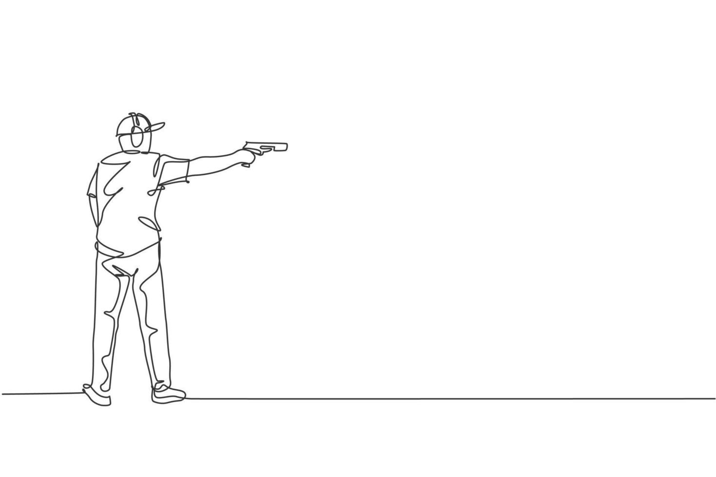 One continuous line drawing of young man on shooting training ground practice for competition with pistol handgun. Outdoor shooting sport concept. Dynamic single line draw design vector illustration