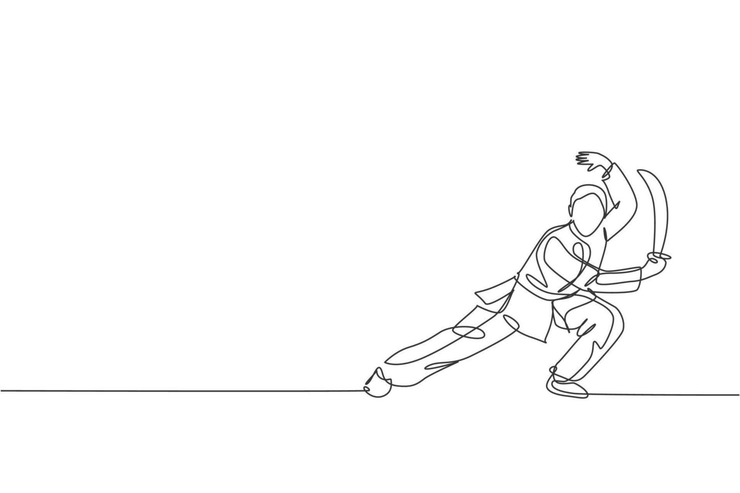 One continuous line drawing of young wushu master man, kung fu warrior in kimono with sword on training. Martial art sport contest concept. Dynamic single line draw design vector graphic illustration
