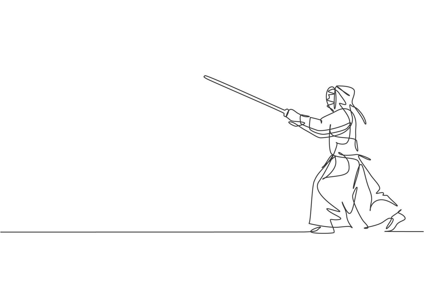 una sola línea dibujando la habilidad de ataque del tren de un joven enérgico en kendo con espada de madera en la ilustración vectorial del centro de artes marciales. concepto de deporte de lucha combativa. diseño moderno de dibujo de línea continua vector