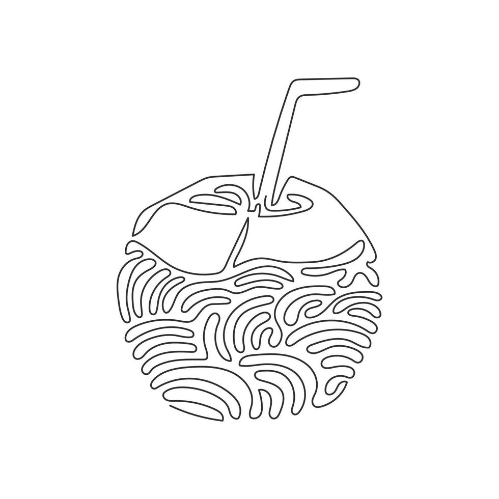 Single continuous line drawing green coconut water drink with drinking straw. Summer tropical dessert food and drink menu. Swirl curl style. Dynamic one line draw graphic design vector illustration