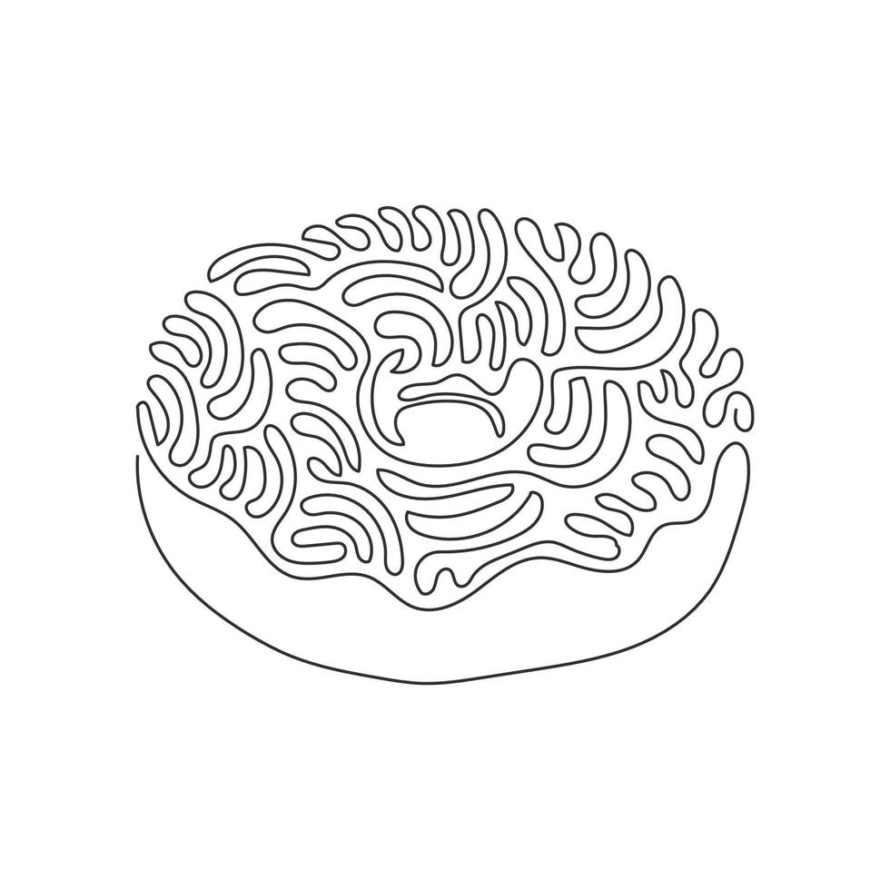 Continuous one line drawing chocolate glazed ring donut. Sweet doughnut. Appetizing fresh food for breakfast or lunch. Swirl curl style. Single line draw design vector graphic illustration