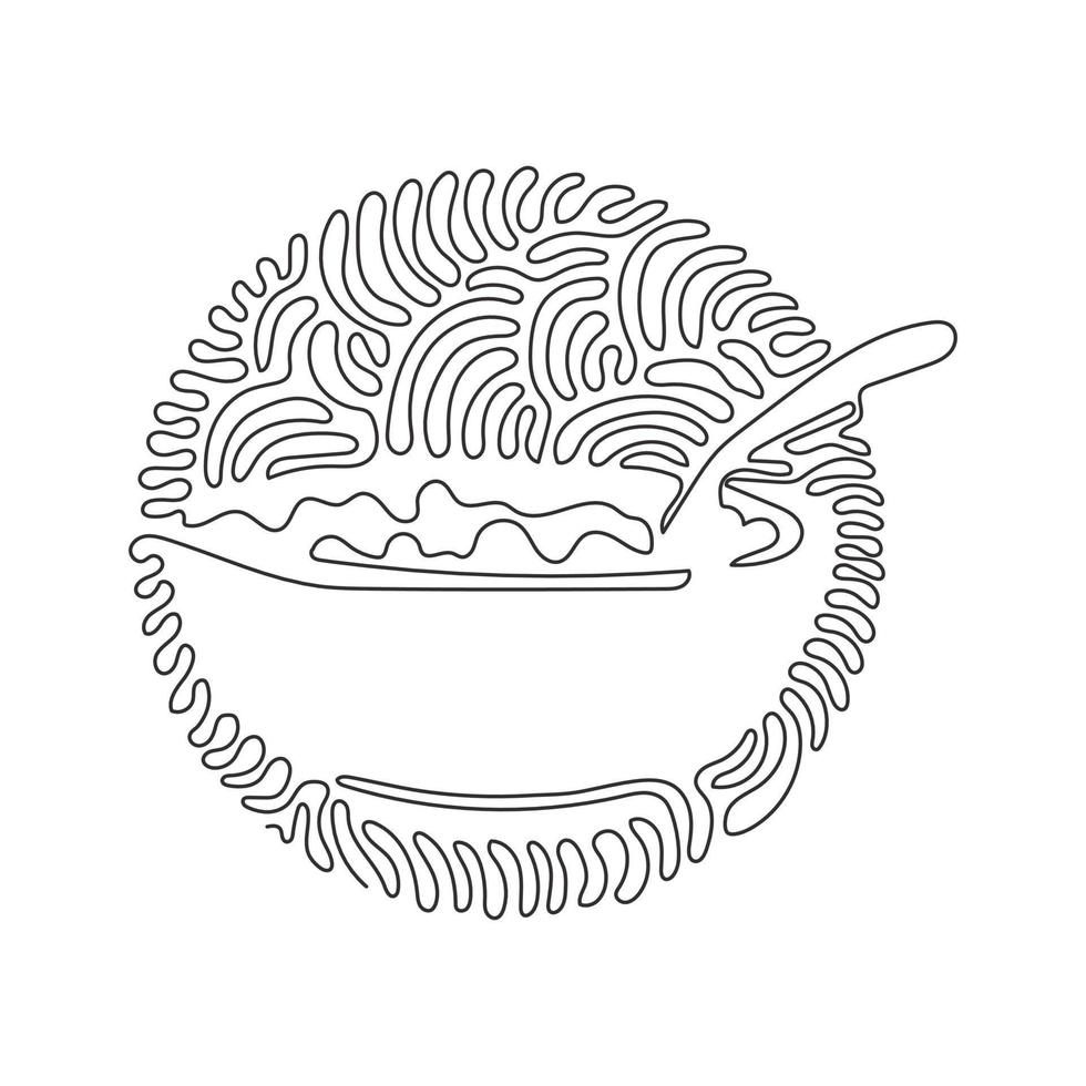 Single one line drawing corn flakes, cereal and milk splash in bowl. Healthy breakfast for children. Swirl curl circle background style. Modern continuous line draw design graphic vector illustration