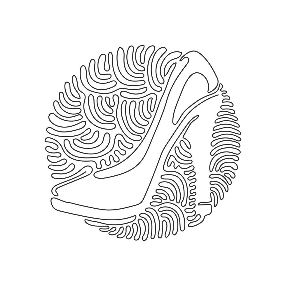 Single continuous line drawing women shoes icon. Lady high heels shoe outline. Fashion footwear design. Elegant women high heel shoe. Swirl curl circle background style. Dynamic one line draw graphic vector