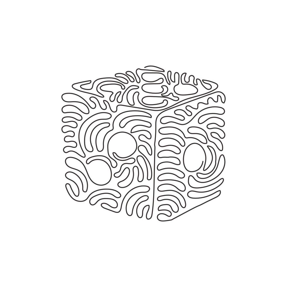 Single continuous line drawing dice. Dice with white dots. Dice cube, casino game. Cute outline cube by black contour for table game. Swirl curl style. One line draw graphic design vector illustration