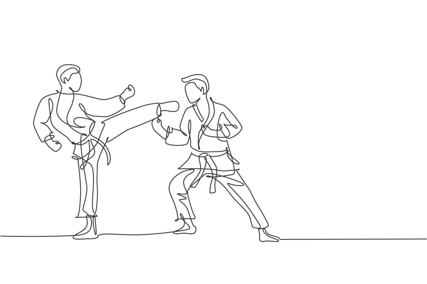 One continuous line drawing of two young talented karateka men train pose for duel fighting at dojo gym center. Mastering martial art sport concept. Dynamic single line draw design vector illustration