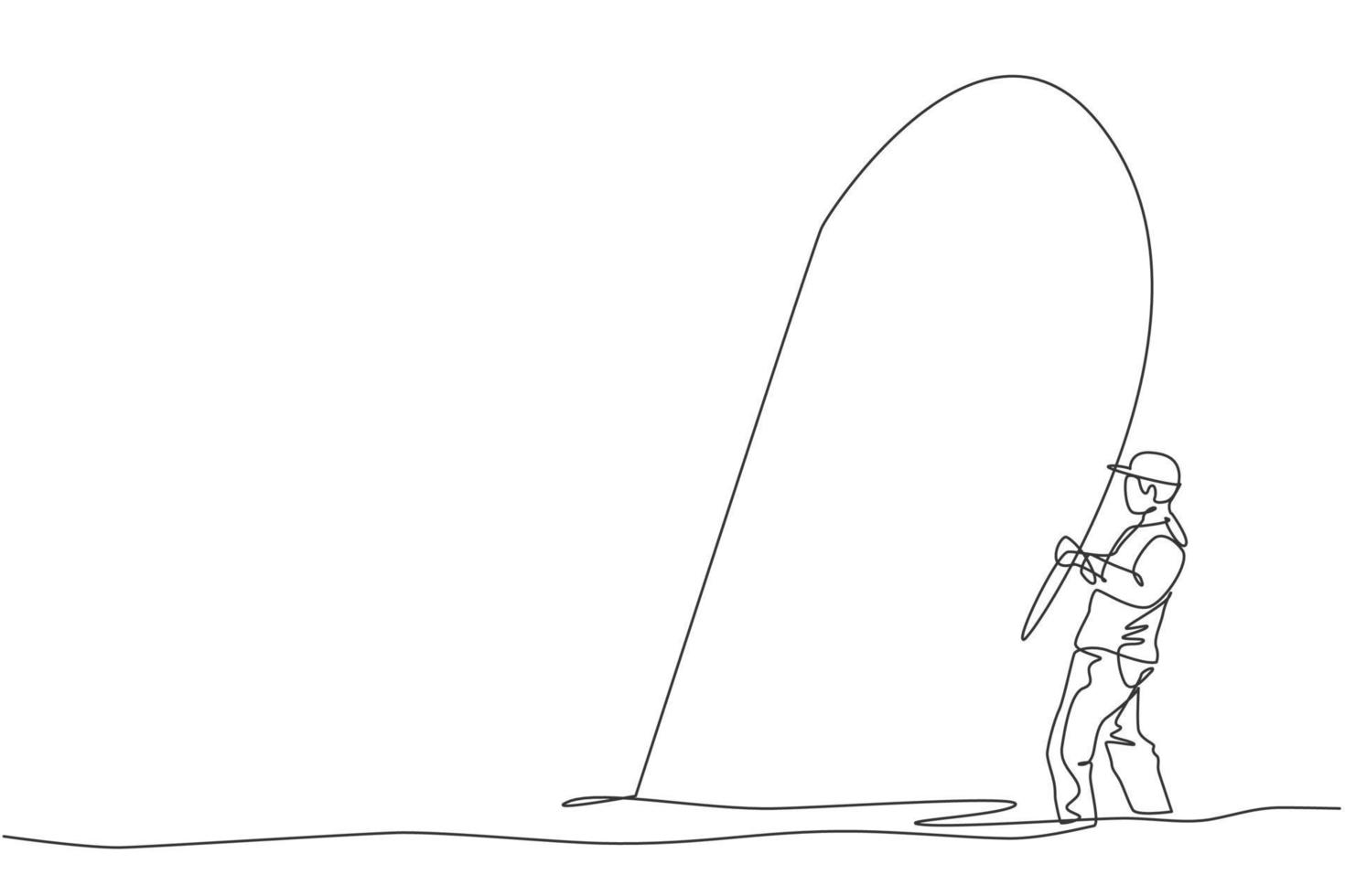 dibujo de una sola línea continua de un joven pescador feliz que pesca con mosca truchas en un río de aguas abiertas. concepto de vacaciones de hobby de pesca. ilustración gráfica de vector de diseño de dibujo de una línea de moda