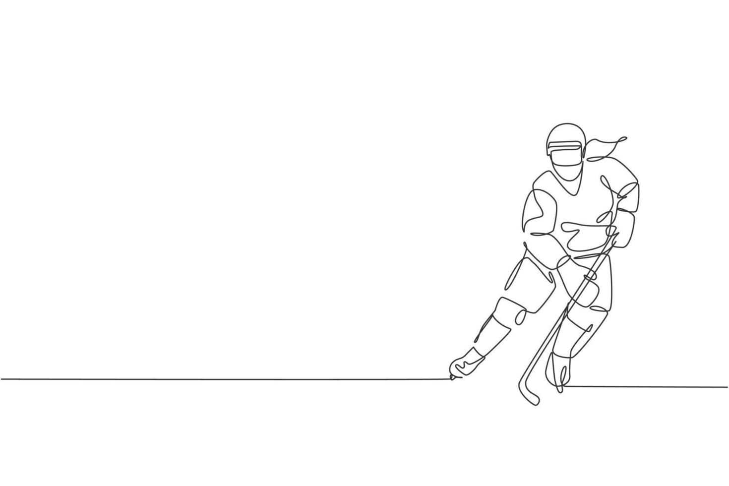 dibujo de una sola línea continua de un joven jugador profesional de hockey sobre hielo golpeó el disco y atacó en la arena de la pista de hielo. concepto de deporte extremo de invierno. Ilustración de vector de diseño gráfico de dibujo de una línea de moda