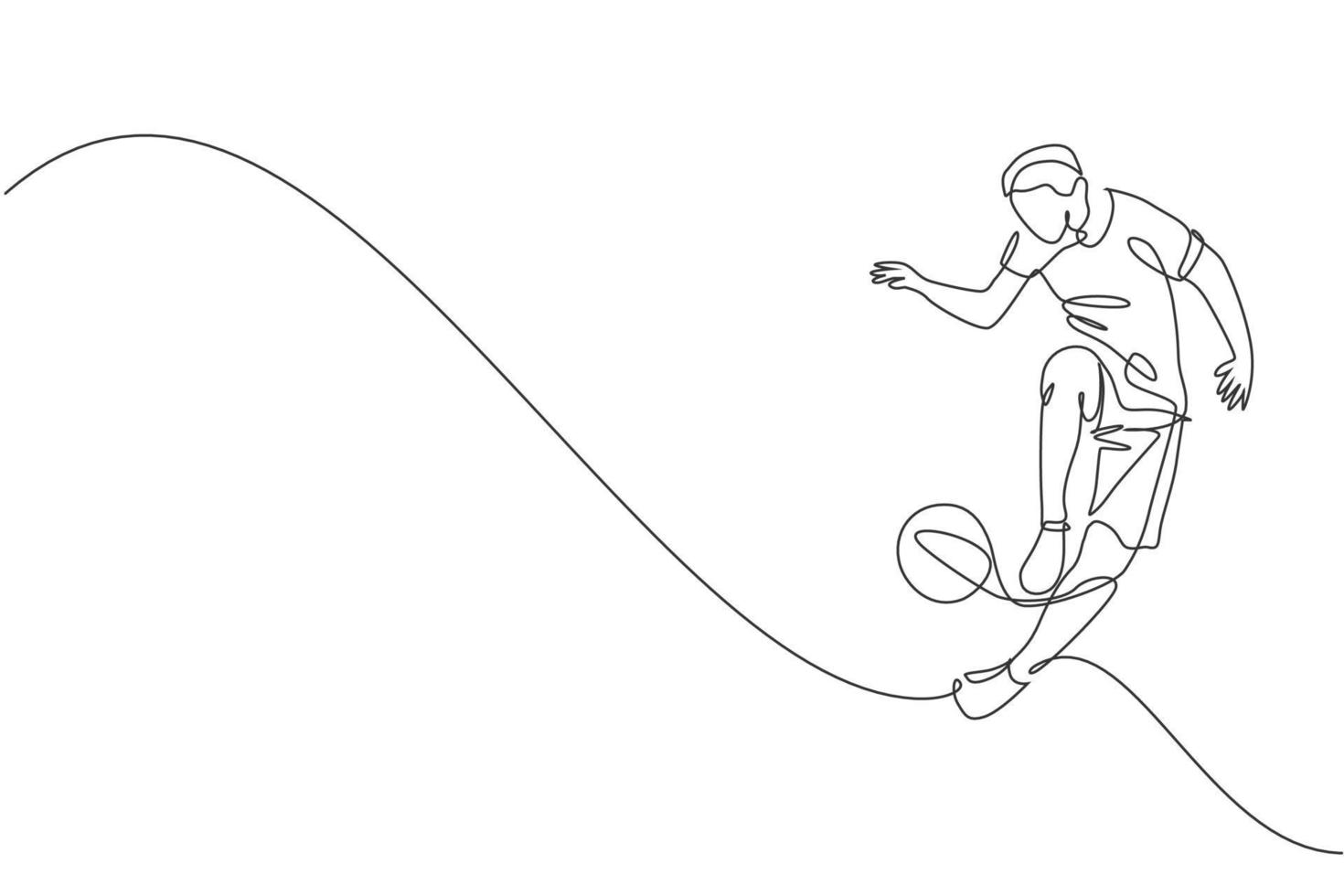 Single continuous line drawing of young sportive man train soccer freestyle, jump juggling with heel on the field. Football freestyler concept. Trendy one line draw design vector graphic illustration
