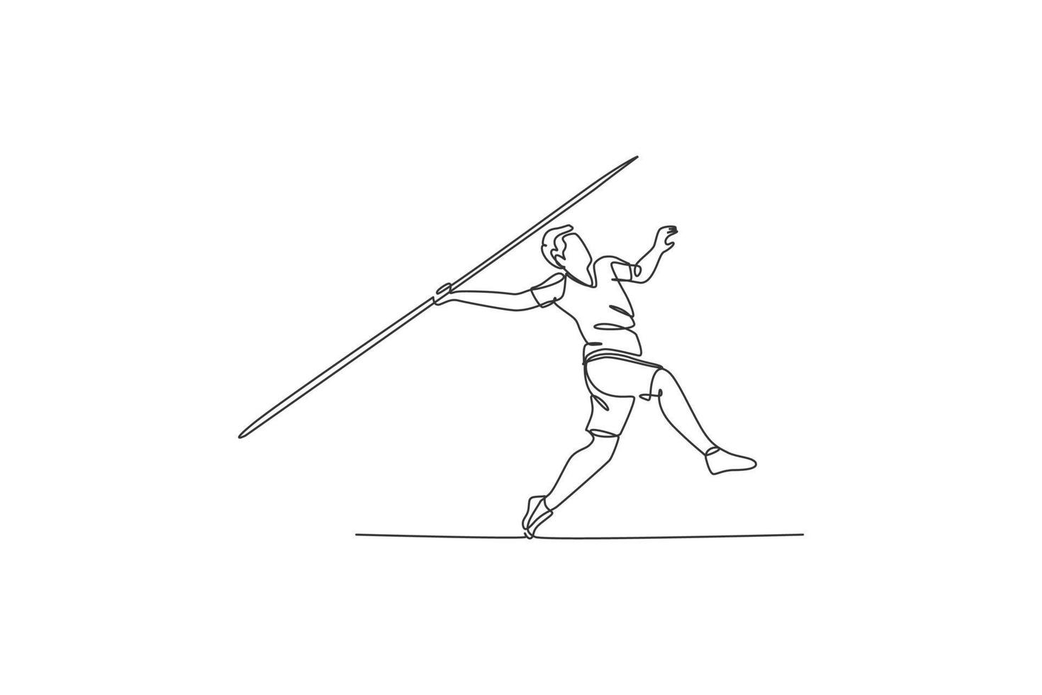 One continuous line drawing of young sporty man exercise to run stance before throw javelin on the field. Athletic games. Olympic sport concept. Dynamic single line draw design vector illustration