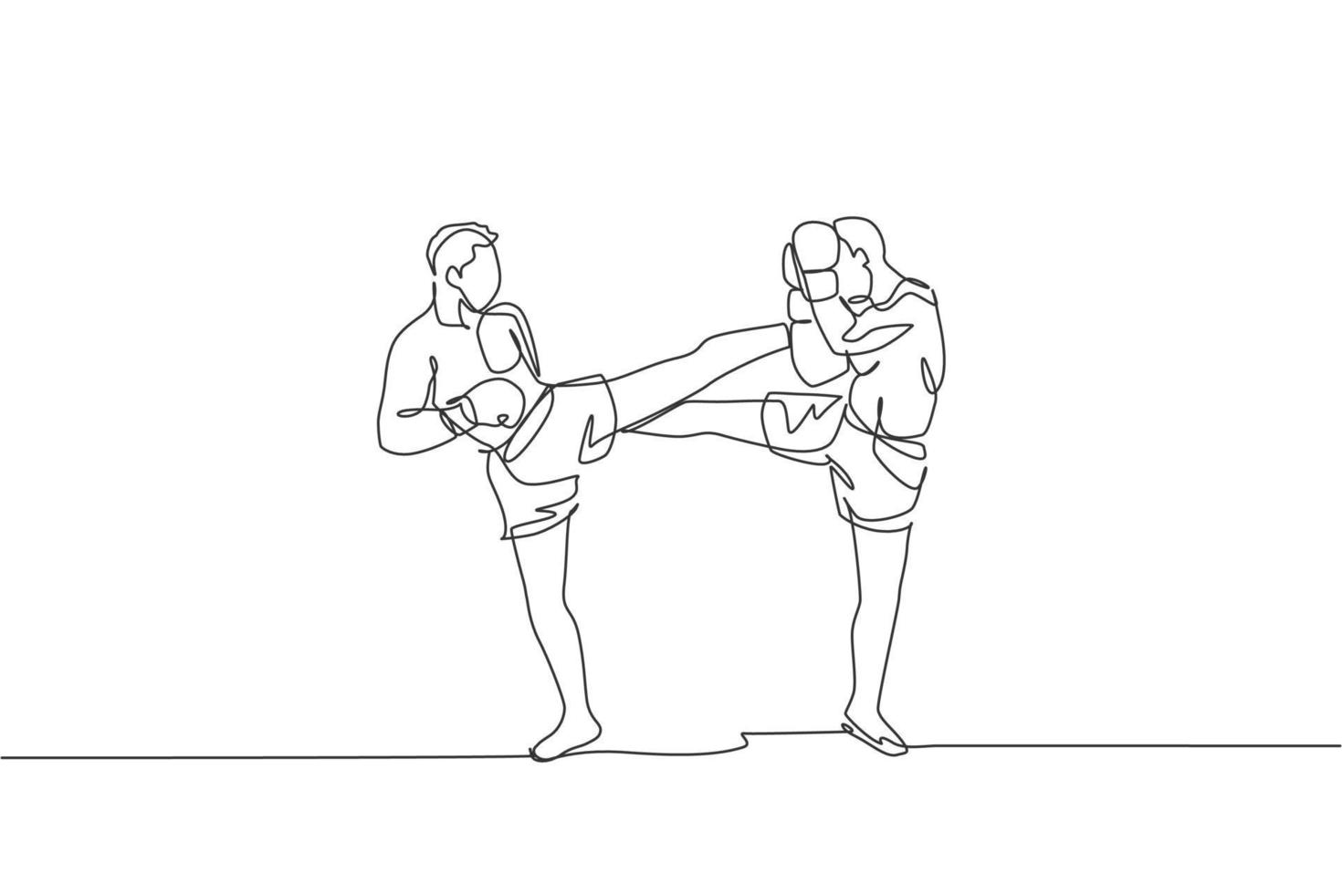 One continuous line drawing of young sporty man kickboxer athlete fight seriously at the national competition. Combative kickboxing sport concept. Dynamic single line draw design vector illustration